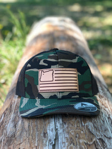 Camo/Black & Leather Patch Trucker